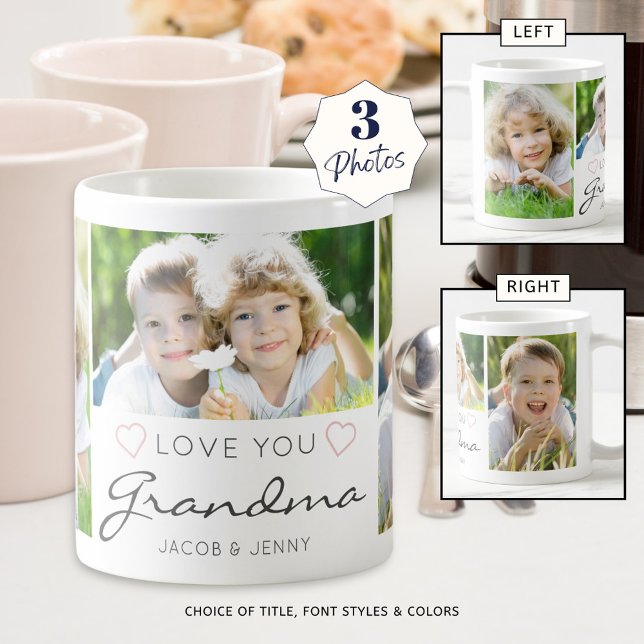 Personlig KÄRLEK DU GRANDMA Handskriftlig 3-foto Kaffemugg (Skapare uppladdad)
