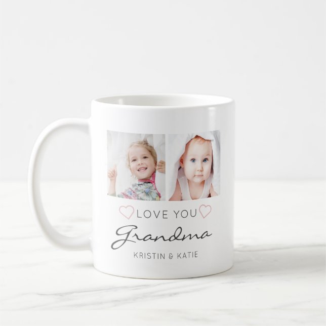 Personlig KÄRLEK DU GRANDMA Handwrite 2 Photos Kaffemugg (Vänster)