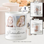 Personlig KÄRLEK DU GRANDMA Handwrite 4 Photo Kaffemugg<br><div class="desc">Skapa ett keepsakefoto mugg för en mormor som har 4 bilder och titeln KÄRLEK DU GRANDMA i modernt handskript i grått accentuerat med rosor med sina barnbarns namn eller ditt anpassningsbar-budskap. All text och färger kan redigeras för att byta mormor till Nana eller favorit namn eller för att samordna med...</div>