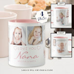 Personlig KÄRLEK DU NANA 4 FotoRosa Mugg<br><div class="desc">Skapa ett keepsakefoto mugg för en mormor som har 4 bilder och titeln KÄRLEK DU NANA i ett modernt handskript som accentueras med hjärtan med sitt barnbarns eller barnbarns namn eller ditt anpassningsbar-budskap. All text och färg kan ändras. Gör en meningsfull keepy för en mormor för hennes födelsedag, en första...</div>