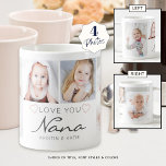 Personlig KÄRLEK DU NANA Handskriftlig 4 foto Kaffemugg<br><div class="desc">Skapa ett keepsakefoto mugg för en mormor som har 4 bilder och titeln KÄRLEK DU NANA i modernt handskript i grått accentuerad med rosor med sina barnbarns namn eller ditt anpassningsbar-budskap. All text och färger kan redigeras för att byta mormor till Nana eller favorit namn eller för att samordna med...</div>