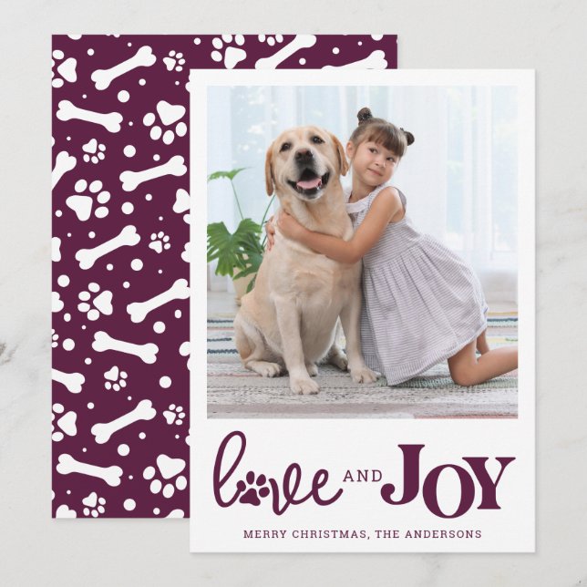 Personlig KÄRLEK & JOY Modern Plum Hund Pet Photo Julkort (Fram/baksida)