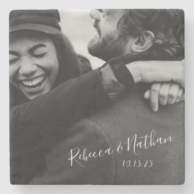 Personlig Kärlek par Photo Bröllop Date   Stenunderlägg (Framsidan)