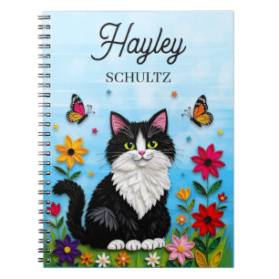Personlig katt, blommor och fjärilar anteckningsbok