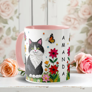 Personlig Katt, Blommor och Fjärilar Mugg