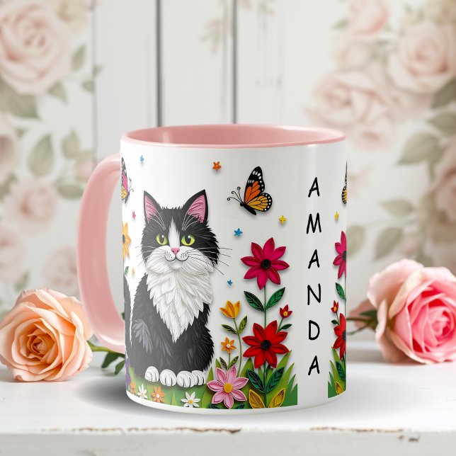 Personlig Katt, Blommor och Fjärilar   Mugg (Skapare uppladdad)