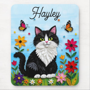 Personlig Katt, Blommor och Fjärilar Musmatta