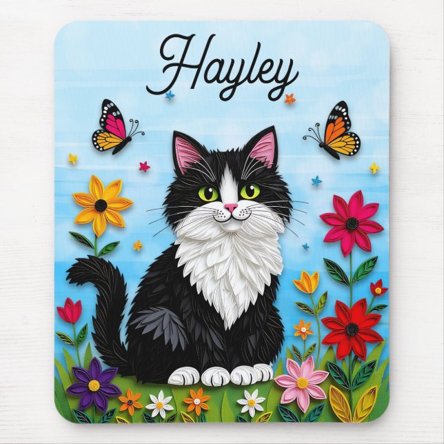Personlig Katt, Blommor och Fjärilar   Musmatta (Framsidan)