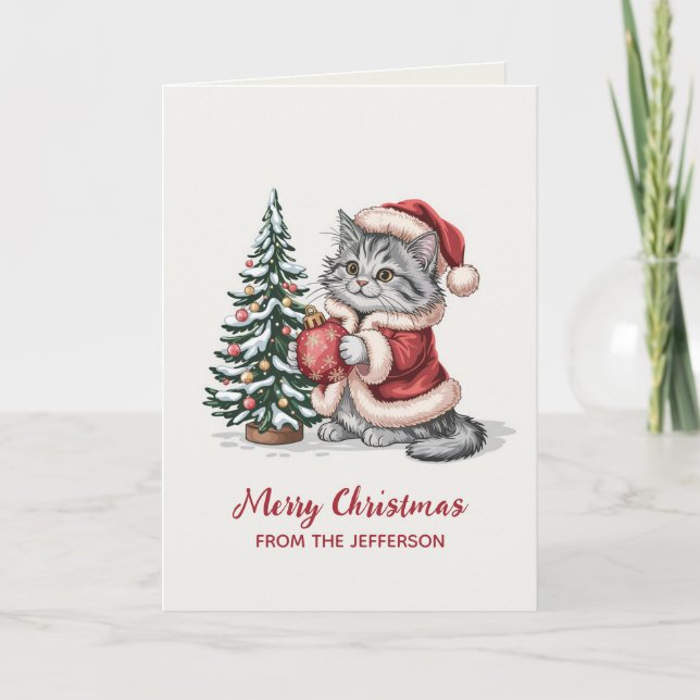 Personlig katt med jultomtehatt julgran helgkort (Framsida)