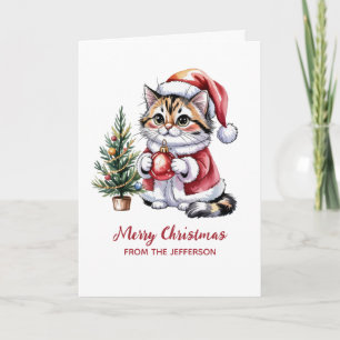 Personlig katt med jultomteluva julgran helgkort