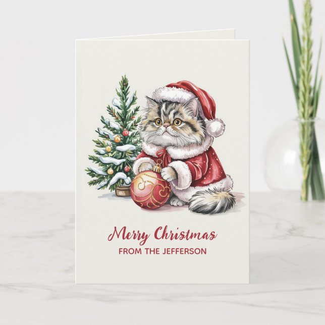Personlig Katt med Tomtehatt Julgran Helgkort (Framsida)