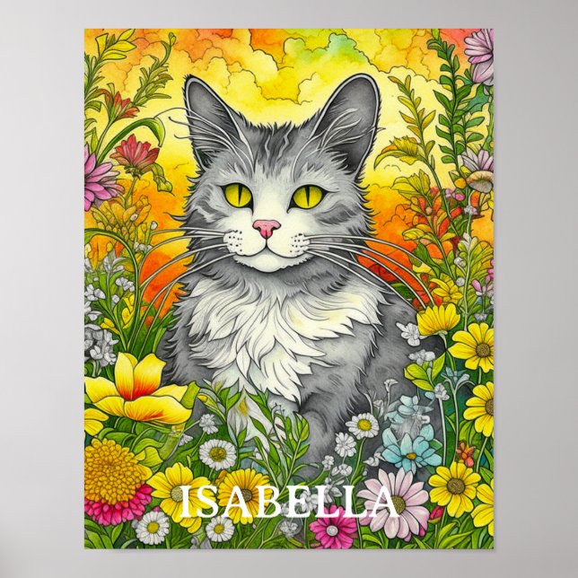Personlig Katt och blommor Poster (Framsidan)