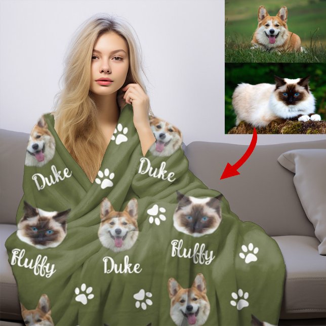 Personlig Katt och Hund och foto,Pet-Grönt Fleecefilt (Skapare uppladdad)