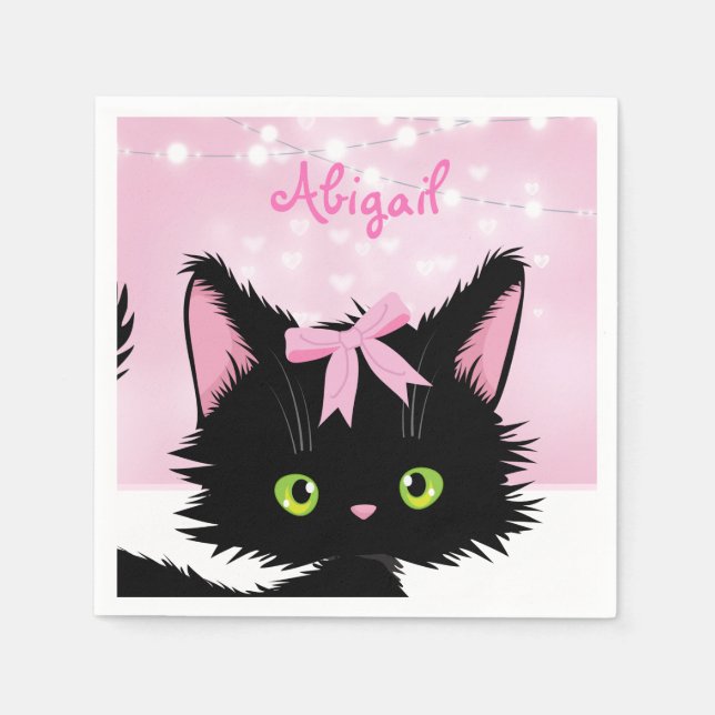 Personlig Katt Rosa och vit kattfödelsedag Pappersservett (Framsidan)