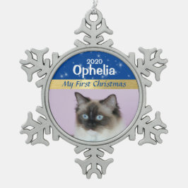 Personlig Kattens första julfoto Snöflinga Pewter Julgransprydnad