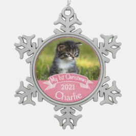 Personlig Kattens första julfoto Snöflinga Pewter Julgransprydnad