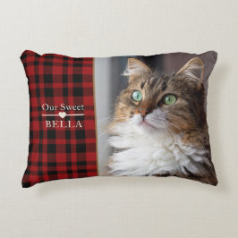 Personlig kattfoto med namn | Buffalo Plaid Prydnadskudde