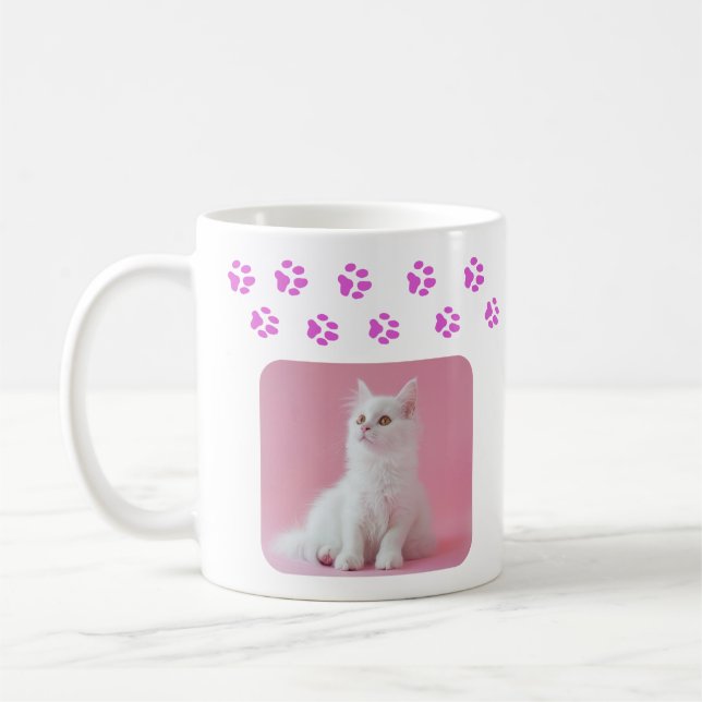 Personlig Kattfoto och Namn Rosa Tass avtryck Kaffemugg (Vänster)