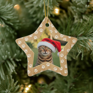 Personlig kattfotostjärna med tassavtryck i falskt julgransprydnad keramik