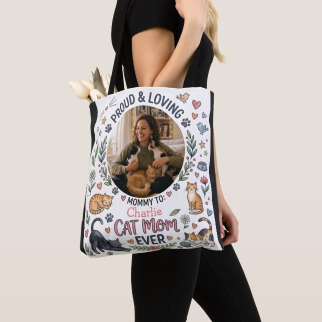 Personlig kattmamma-fototavla och namnstor shoppin tygkasse (Närbild)