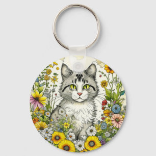 Personlig Kattunge Sitta i Blommor Nyckelring