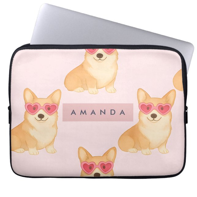 Personlig Kawaii Corgi med Hjärtformade Solglasögo Laptop Fodral (Framsidan)