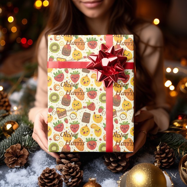 Personlig Kawaii Fruit Fiesta Gift Wrap Kids Presentpapper (Skapare uppladdad)
