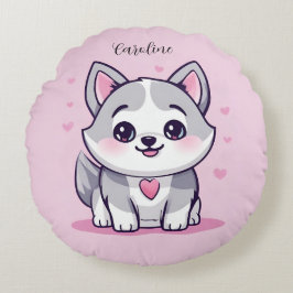 Personlig Kawaii Husky Valp Rosa Rund Kudde