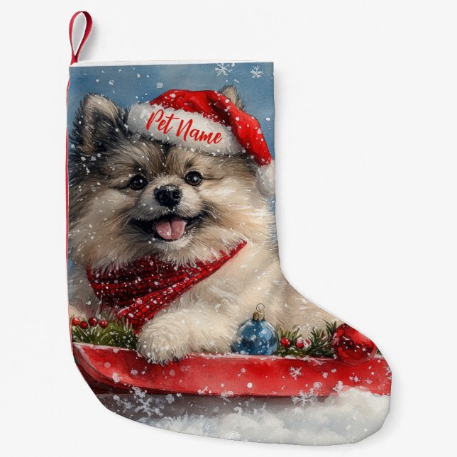 Personlig Keeshond Hund i Sledge jul Liten Julstrumpa (Framsidan)