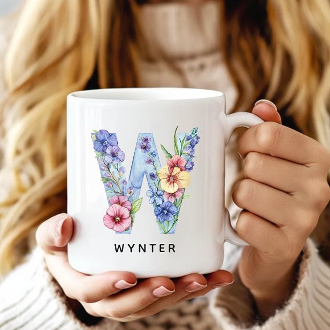 Personlig keramikkopp med blommotiv som bröllopsgå kaffemugg (Custom Mug Bridal Shower Gift for Bride, Floral Alphabet Mug Gift for Coworker Boss Bridesmaids)