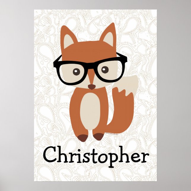 Personlig Kids Boys Namn Baby Fox w/Glass Poster (Framsidan)