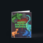 Personlig Kids Jurassic Dino Dinosaur Birthday Kort<br><div class="desc">Den här dinosur-designen är underbar för födelsedagspojken i ditt liv. Ge är en dag med dinokarsten med den här dinokemiska designen med trex,  triceratops,  brontosaurus och raptor.</div>