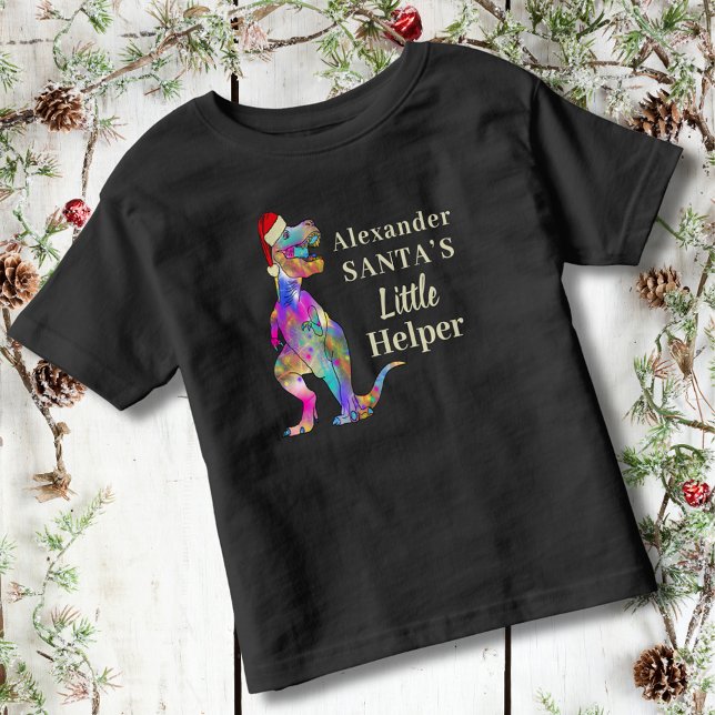 Personlig Kids T-Rex Dinosaur-jul T Shirt (Personalized Kids Name christmas dinosaur T-Shirt Funny festive quote Santas little helper)