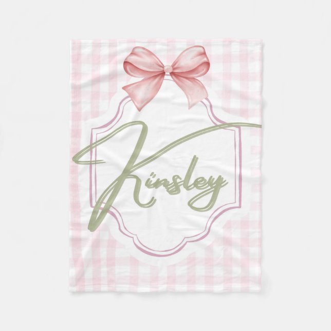 Personlig Kinsley Flicka Nursery Bow&Gingham Fleecefilt (Framsidan)