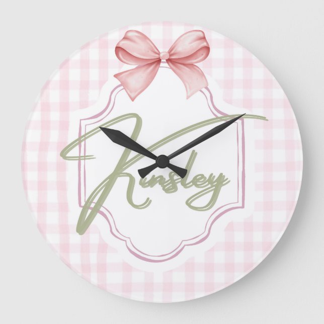 Personlig Kinsley Flicka Nursery Bow&Gingham Stor Klocka (Framsida)