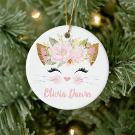 Personlig Kitten Ansikte Girl Rosa Julgransprydnad Keramik