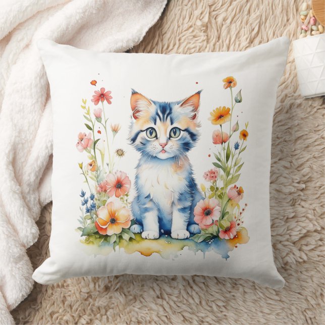 Personlig Kitten och blommor Babynamn Kudde (Filt)