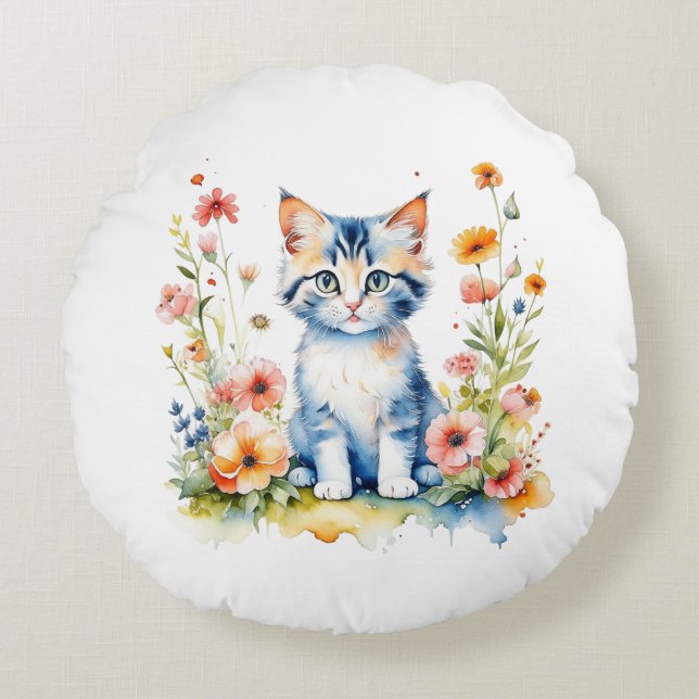 Personlig Kitten och Flowers Baby Namn Rund Kudde (Framsidan)