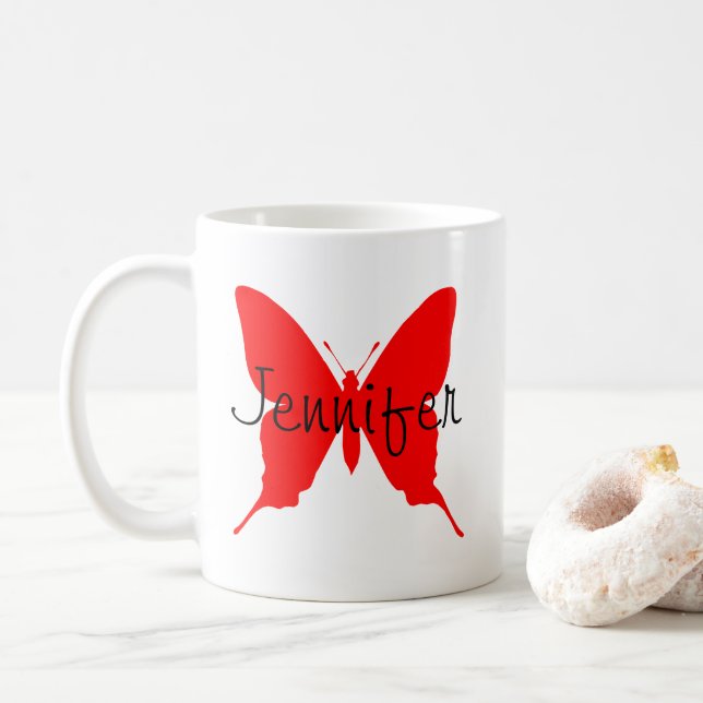 Personlig klarröd fjäril kaffemugg (Med munk)