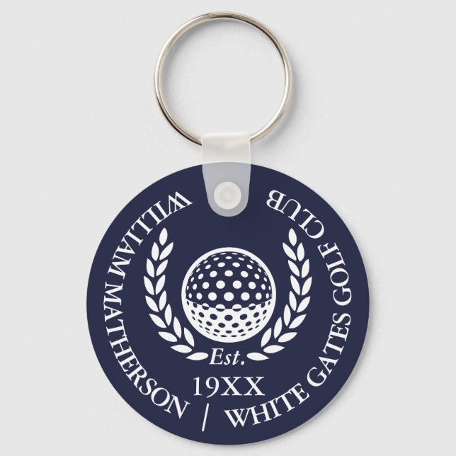 Personlig klassisk golfklubb namn marinblå nyckelring (Framsida)