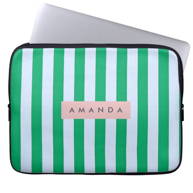 Personlig klassisk grön och vitrandig laptop fodral (Framsidan)