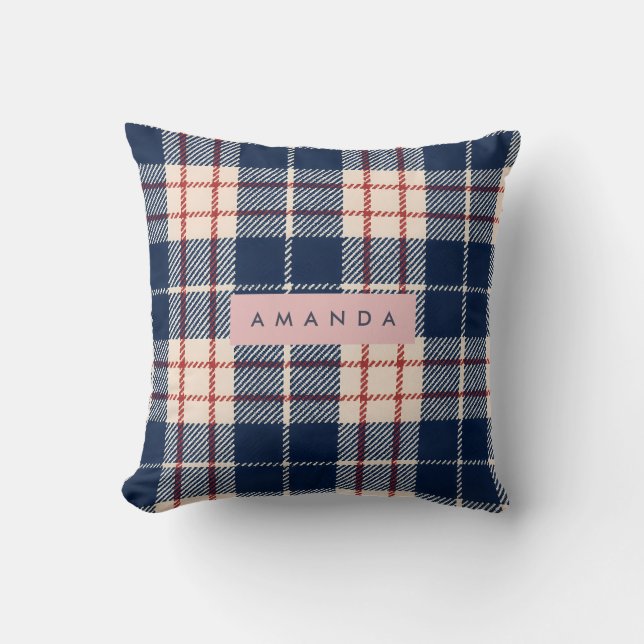 Personlig klassisk marinblå och röd rutig kudde (Framsida)