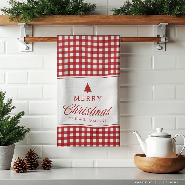 Personlig klassisk röd Gingham jul  Kökshandduk (Christmas Kitchen Towel shown in 3-fold. Add your Family Name.)