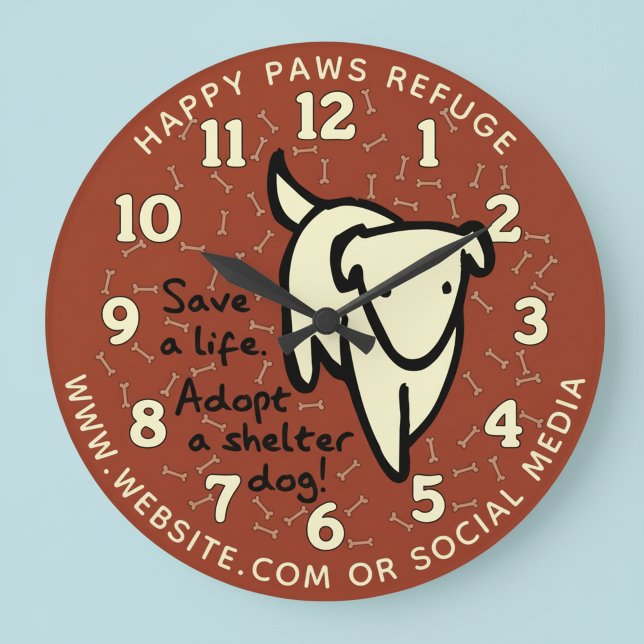 Personlig klocka för hundhem på väggen (Save a life. Adopt a shelter dog! Pet rescue wall clock.)