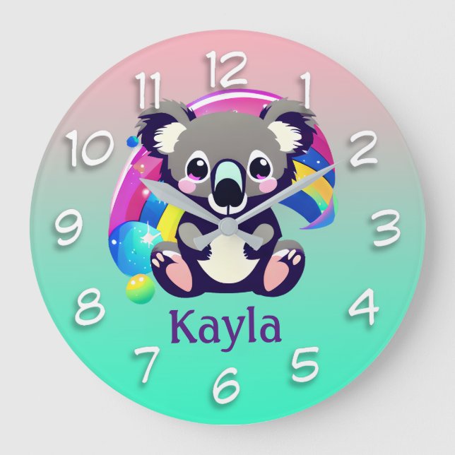 Personlig Koala Bear och Rainbow Stor Klocka (Framsida)