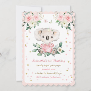 Personlig Koala Björn Flicka 1-årsdag Inbjudningar