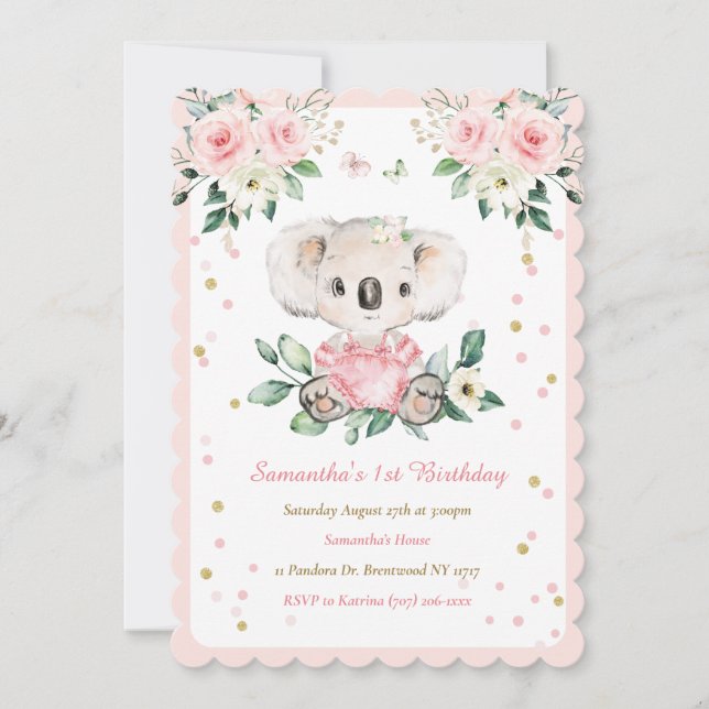 Personlig Koala Björn Flicka 1-årsdag Inbjudningar (Framsida)