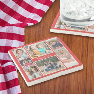 Personlig kollage med 8 bilder Familjenamn Röd Stenunderlägg