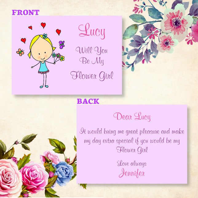 Personlig kommer du vara min blomsterflicka inbjudningar (Front and back view of the invitation)