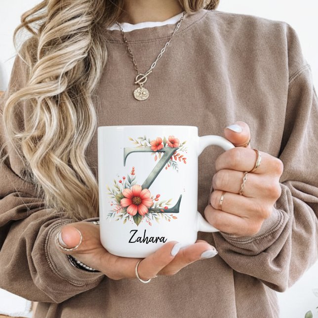 Personlig kopp med blommig initial för mamma eller (personalized mug women, custom coffee mug her, birth month mug, monogram gift mug for women & moms,)